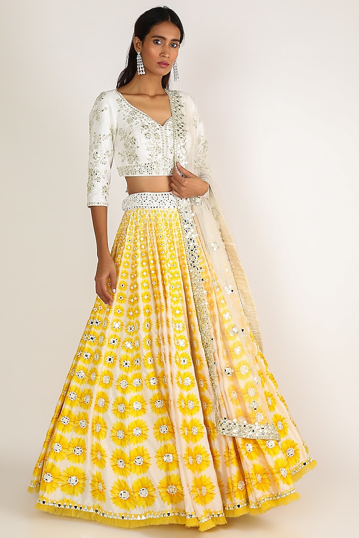 Ivory & Yellow Embroidered Lehenga Set by Abhinav Mishra