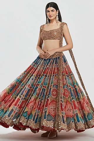 Multi-Colored Organza Mirror Work Lehenga Set by Abhinav Mishra