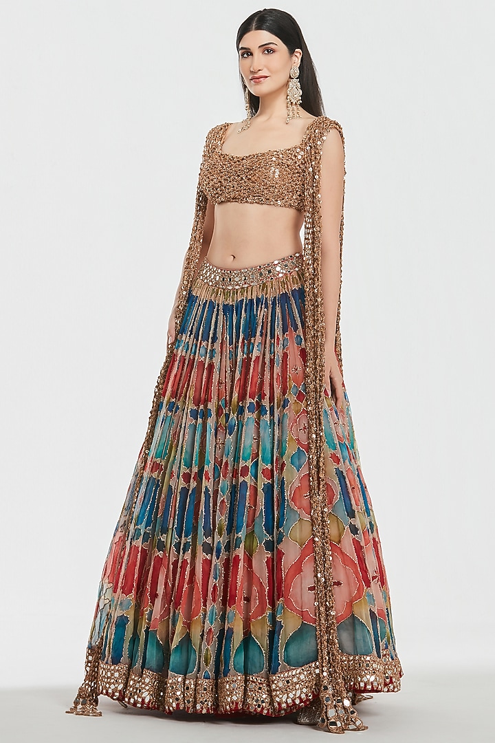 Multi-Colored Organza Mirror Work Bridal Lehenga Set by Abhinav Mishra at Pernia's Pop Up Shop