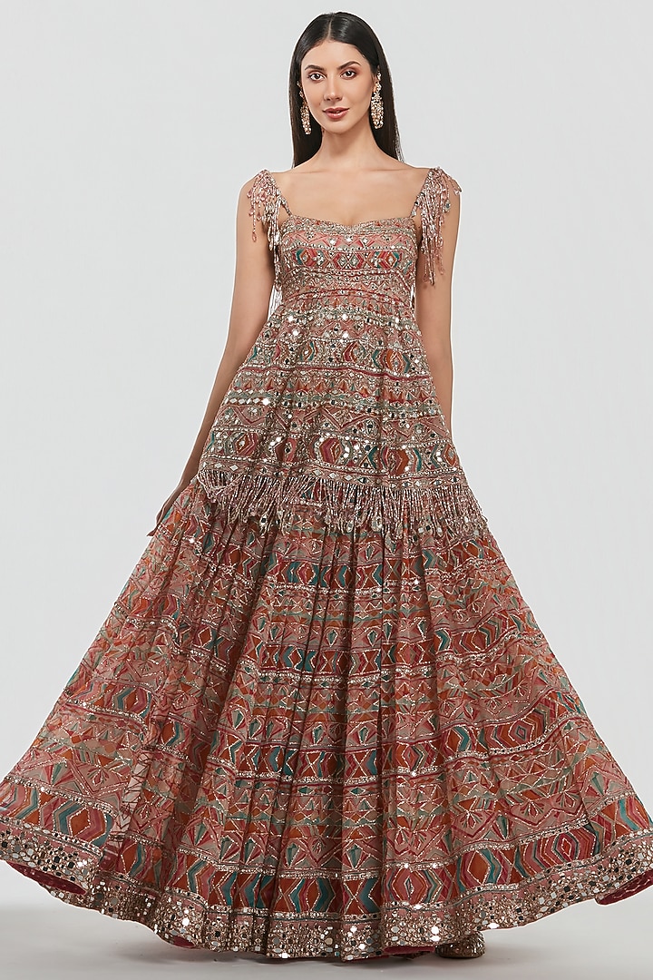 Multi-Colored Organza Mirror Work Bridal Lehenga Set by Abhinav Mishra at Pernia's Pop Up Shop