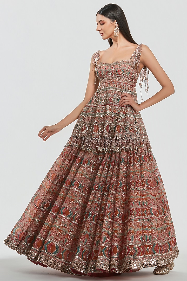Multi-Colored Organza Mirror Work Bridal Lehenga Set by Abhinav Mishra at Pernia's Pop Up Shop