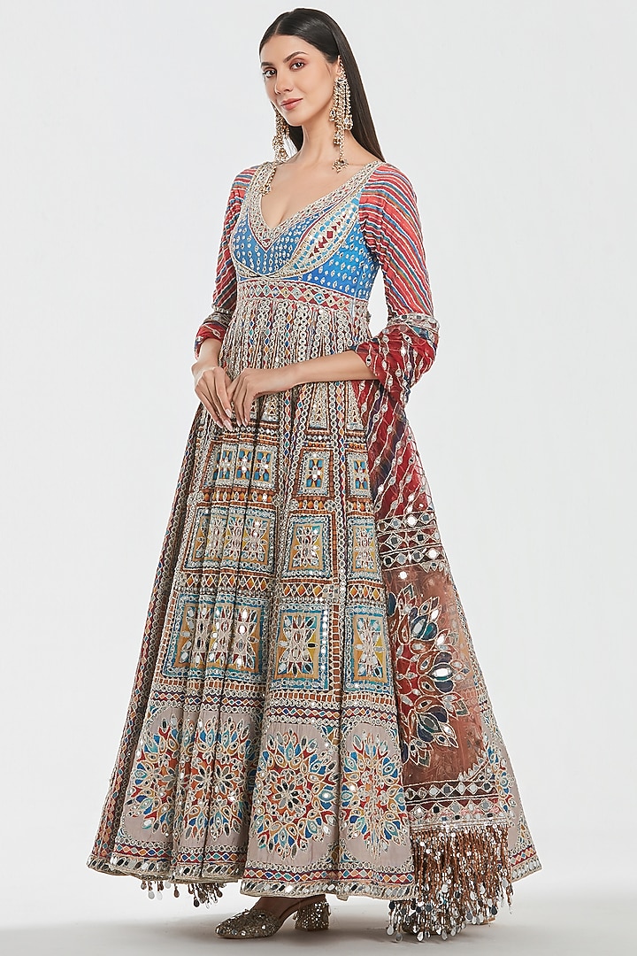 Multi-Colored Chanderi Mirror Work Bridal Anarkali Set by Abhinav Mishra at Pernia's Pop Up Shop