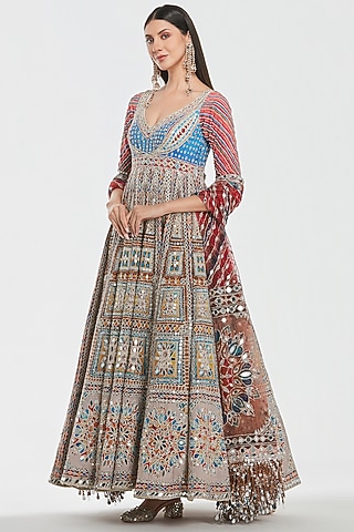 Multi-Colored Chanderi Mirror Work Anarkali Set by Abhinav Mishra