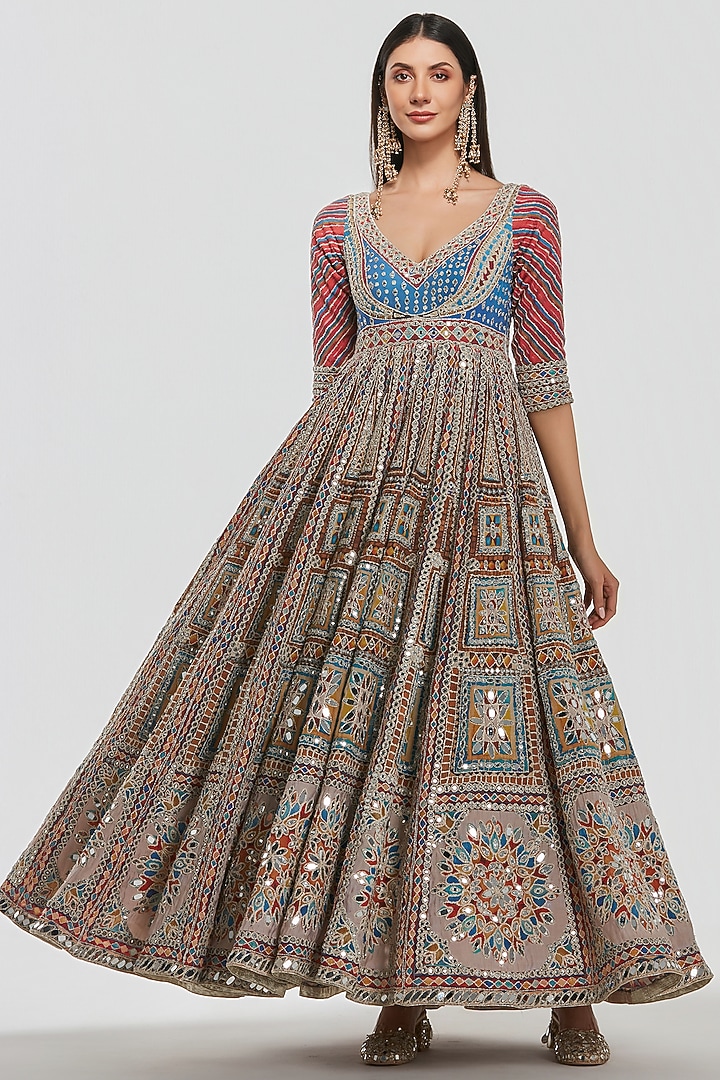 Multi-Colored Chanderi Mirror Work Bridal Anarkali Set by Abhinav Mishra at Pernia's Pop Up Shop