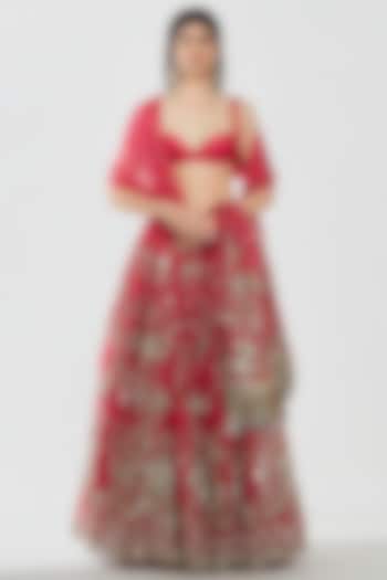 Rani Pink Chanderi Mirror Work Bridal Lehenga Set by Abhinav Mishra at Pernia's Pop Up Shop