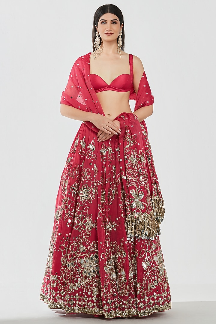 Rani Pink Chanderi Mirror Work Bridal Lehenga Set by Abhinav Mishra at Pernia's Pop Up Shop
