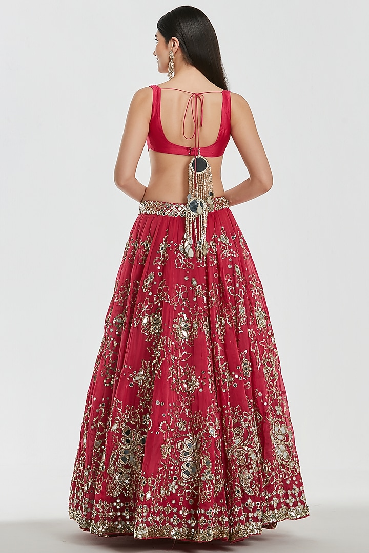 Rani Pink Chanderi Mirror Work Bridal Lehenga Set by Abhinav Mishra at Pernia's Pop Up Shop