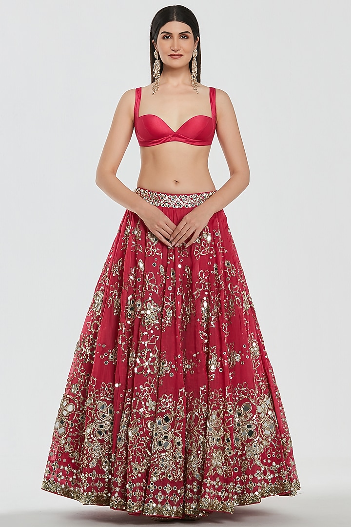Rani Pink Chanderi Mirror Work Bridal Lehenga Set by Abhinav Mishra at Pernia's Pop Up Shop