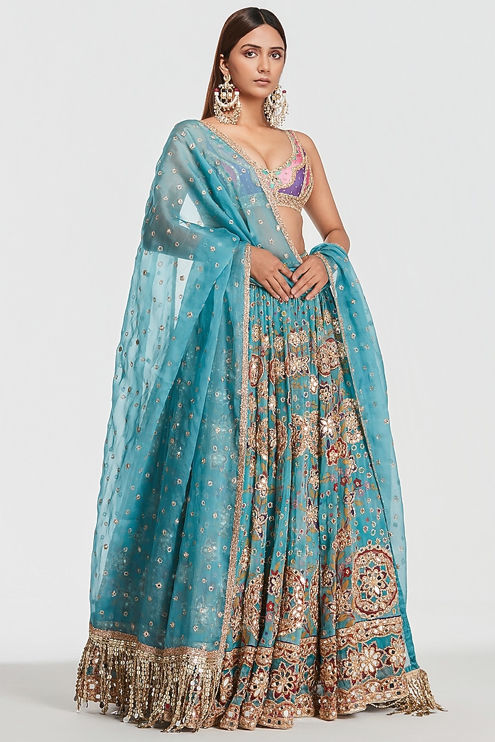 Multi-Colored Organza Mirror Work Bridal Lehenga Set by Abhinav Mishra at Pernia's Pop Up Shop