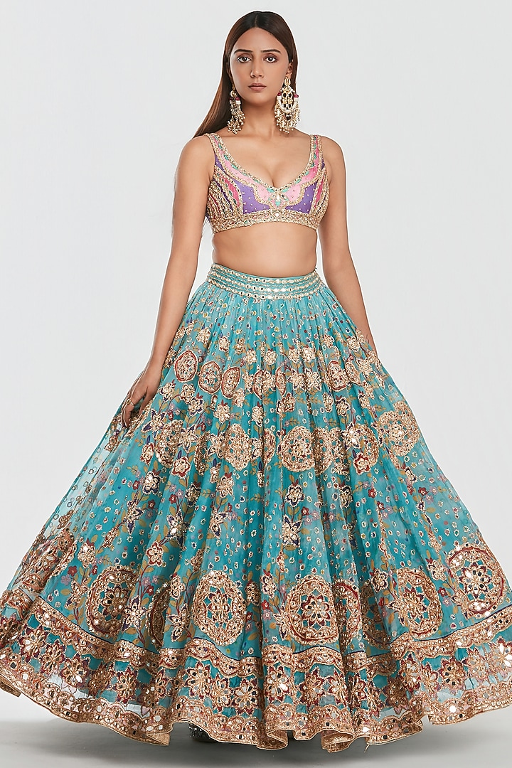Multi-Colored Organza Mirror Work Bridal Lehenga Set by Abhinav Mishra at Pernia's Pop Up Shop