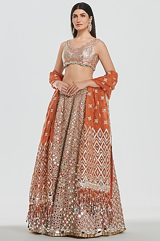 Multi-Colored Chanderi Mirror Work Lehenga Set by Abhinav Mishra