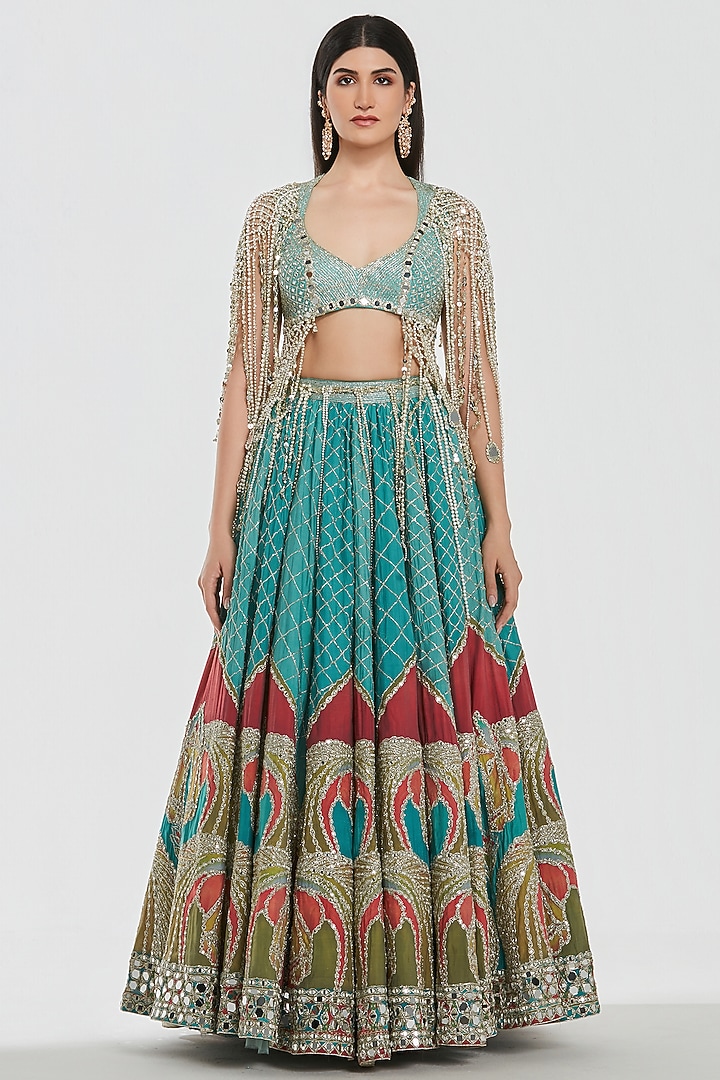 Multi-Colored Chanderi Mirror Work Bridal Lehenga Set by Abhinav Mishra at Pernia's Pop Up Shop