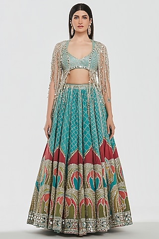 Multi-Colored Chanderi Mirror Work Lehenga Set by Abhinav Mishra