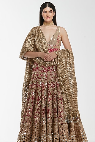 Hot Pink Net Mirror Work Anarkali Set by Abhinav Mishra