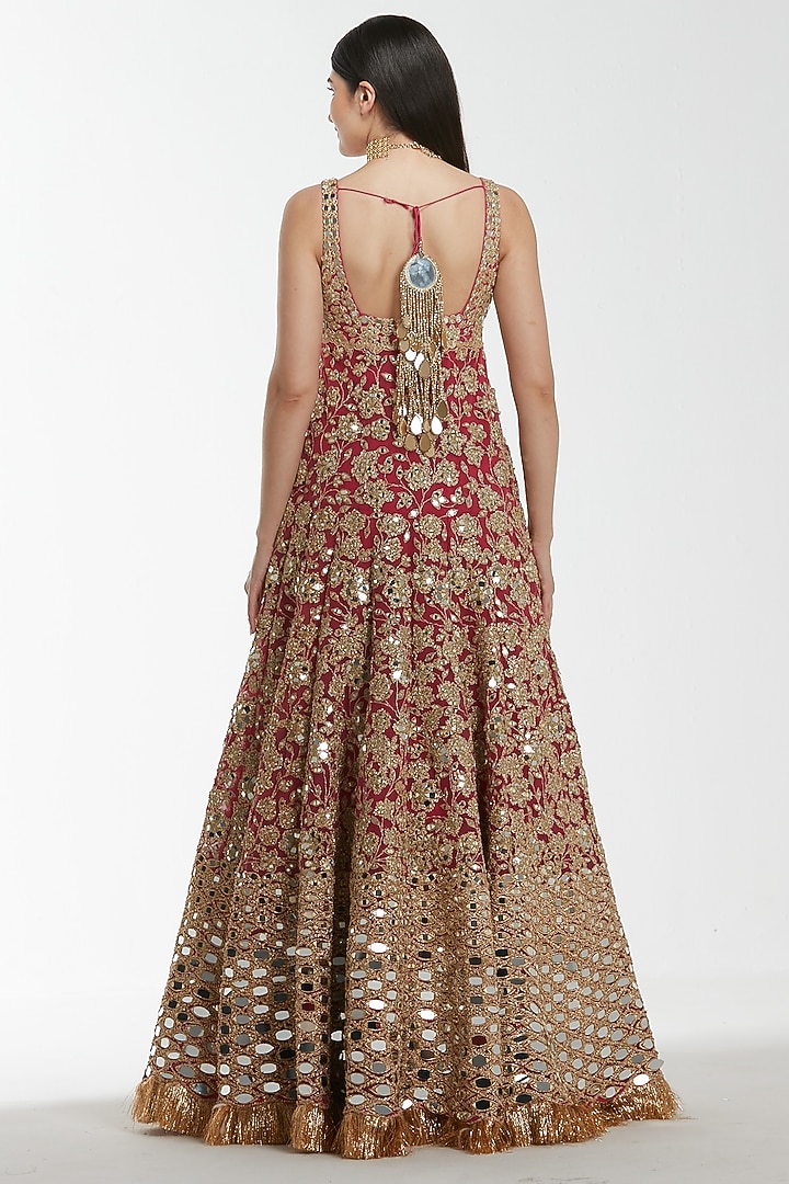 Hot Pink Net Mirror Work Bridal Anarkali Set by Abhinav Mishra at Pernia's Pop Up Shop