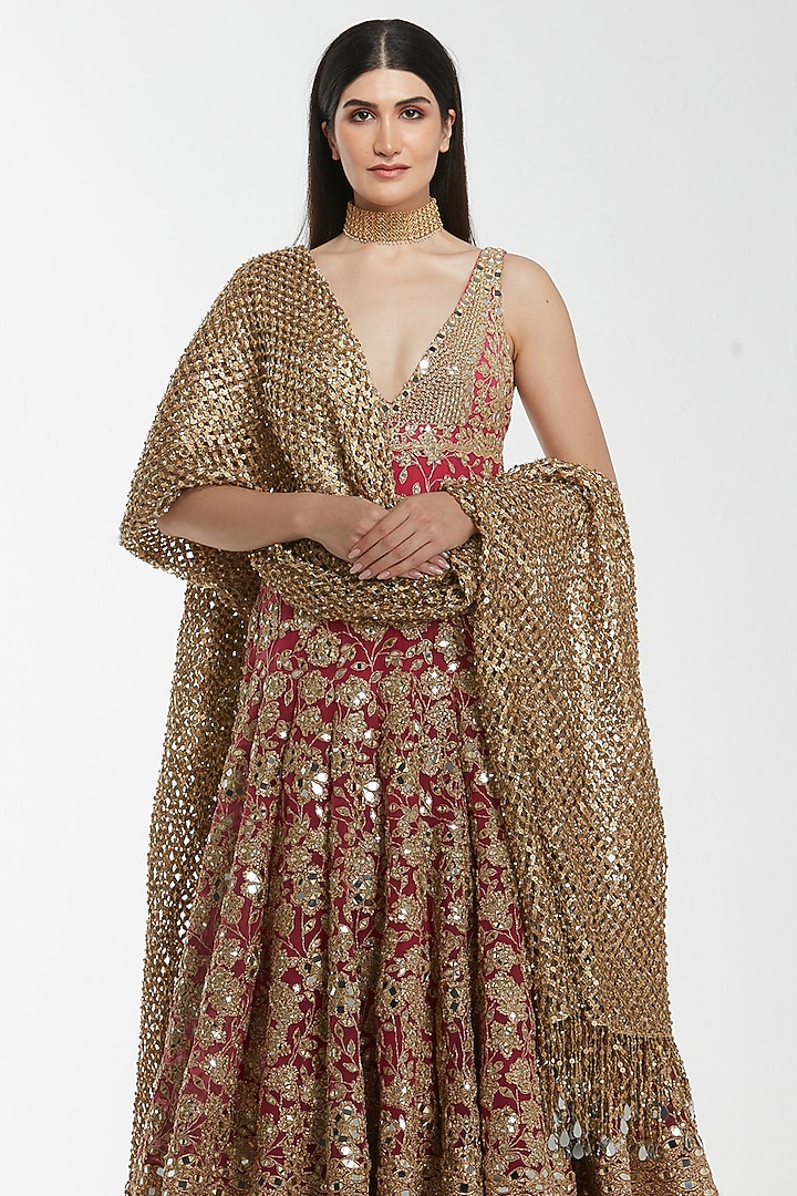 Hot Pink Net Mirror Work Bridal Anarkali Set by Abhinav Mishra at Pernia's Pop Up Shop