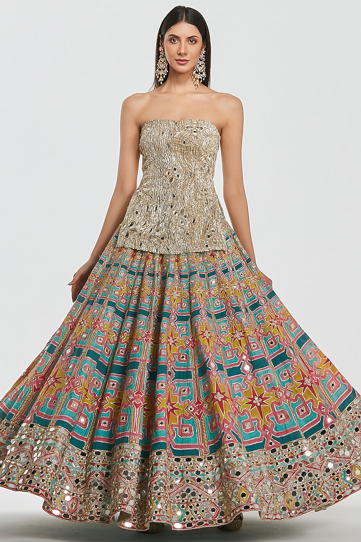 Multi-Colored Chanderi Mirror Work Bridal Lehenga Set by Abhinav Mishra at Pernia's Pop Up Shop