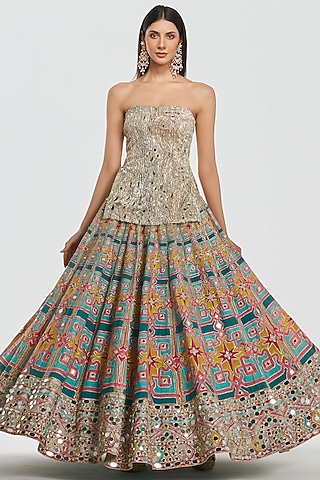 Multi-Colored Chanderi Mirror Work Lehenga Set by Abhinav Mishra