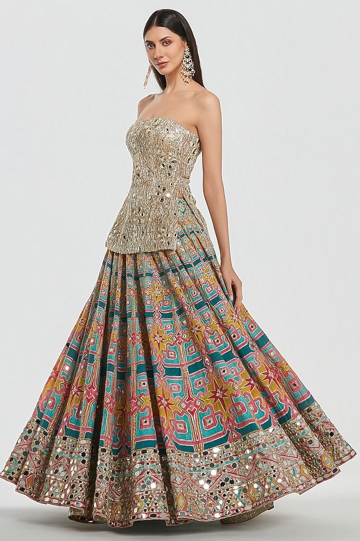 Multi-Colored Chanderi Mirror Work Bridal Lehenga Set by Abhinav Mishra at Pernia's Pop Up Shop