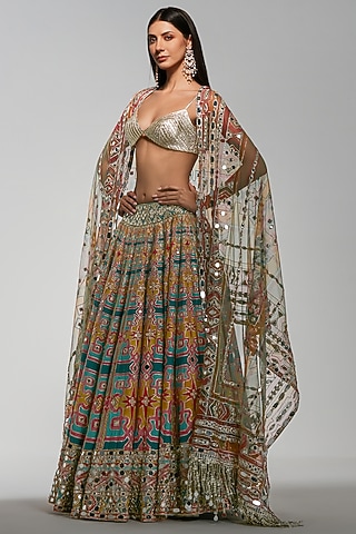 Multi-Colored Chanderi Mirror Work Lehenga Set by Abhinav Mishra