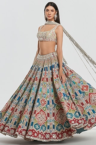 Multi-Colored Chanderi Mirror Work Lehenga Set by Abhinav Mishra