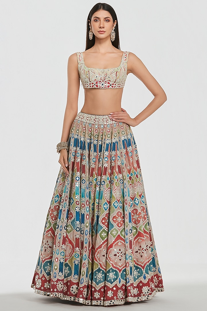 Multi-Colored Chanderi Mirror Work Bridal Lehenga Set by Abhinav Mishra at Pernia's Pop Up Shop
