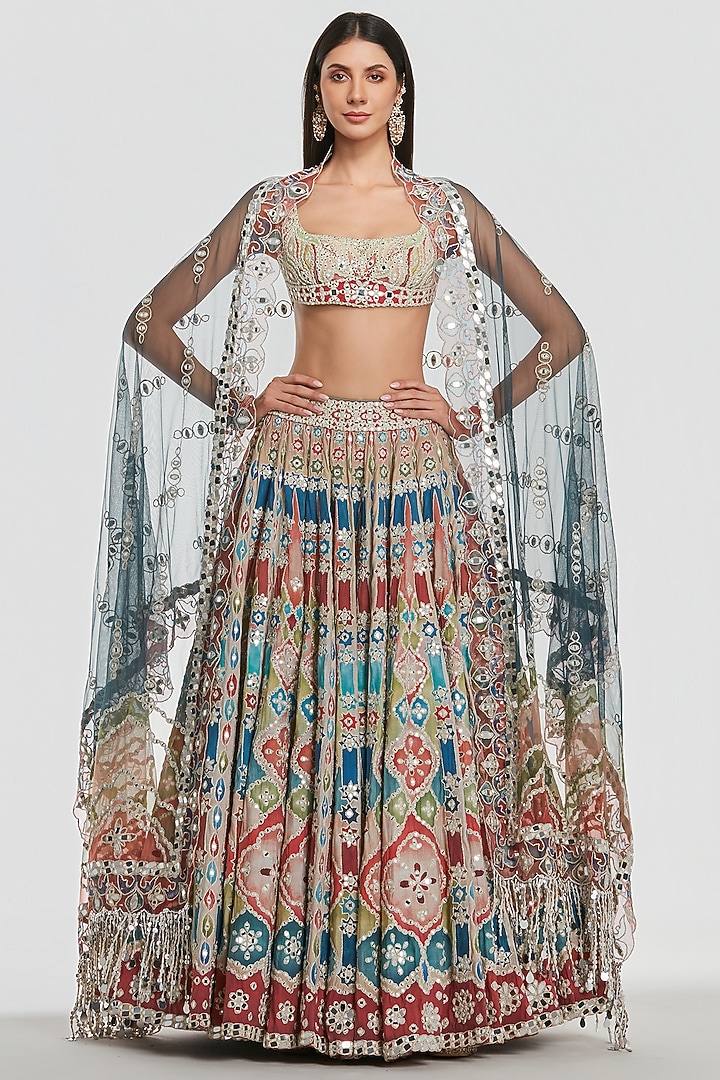 Multi-Colored Chanderi Mirror Work Bridal Lehenga Set by Abhinav Mishra at Pernia's Pop Up Shop