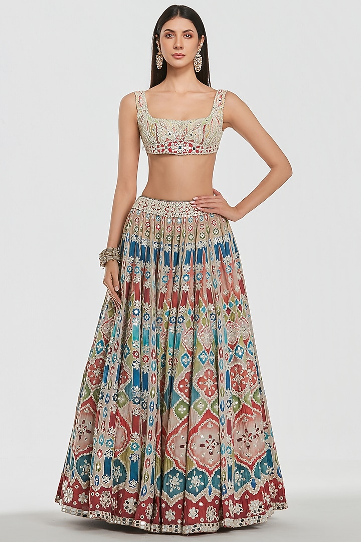 Multi-Colored Chanderi Mirror Work Bridal Lehenga Set by Abhinav Mishra at Pernia's Pop Up Shop