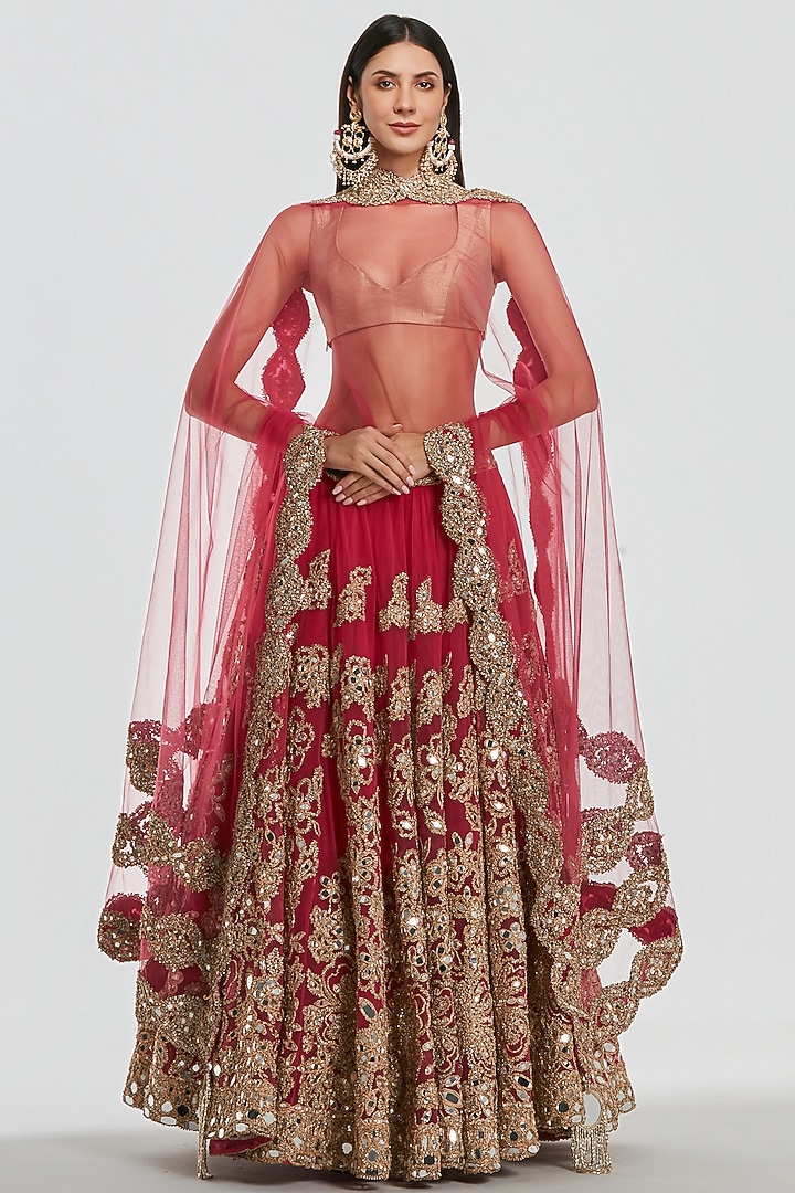 Hot Pink Net Mirror Work Bridal Lehenga Set by Abhinav Mishra at Pernia's Pop Up Shop