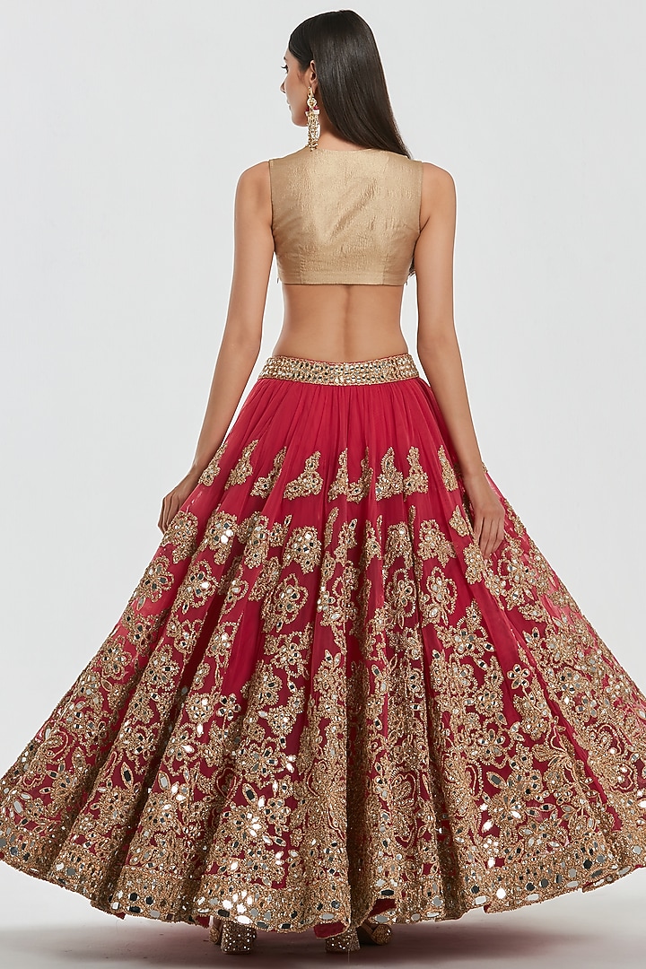 Hot Pink Net Mirror Work Bridal Lehenga Set by Abhinav Mishra at Pernia's Pop Up Shop