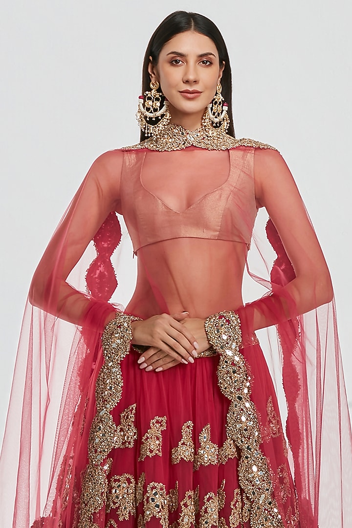 Hot Pink Net Mirror Work Bridal Lehenga Set by Abhinav Mishra at Pernia's Pop Up Shop
