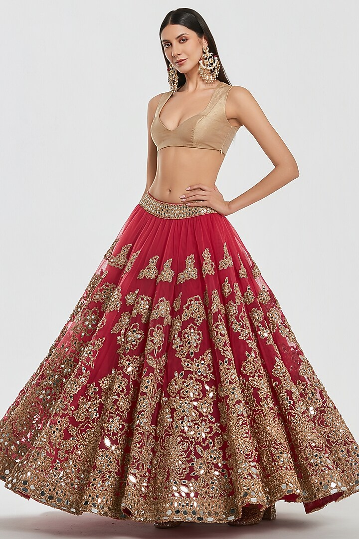 Hot Pink Net Mirror Work Bridal Lehenga Set by Abhinav Mishra at Pernia's Pop Up Shop