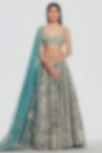 Pool Blue Net Mirror Work Bridal Lehenga Set by Abhinav Mishra at Pernia's Pop Up Shop