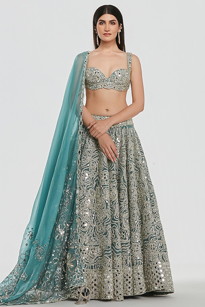 Pool Blue Net Mirror Work Bridal Lehenga Set by Abhinav Mishra at Pernia's Pop Up Shop