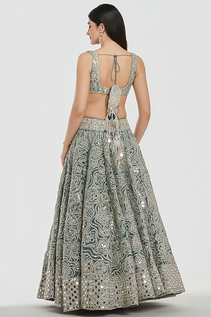 Pool Blue Net Mirror Work Bridal Lehenga Set by Abhinav Mishra at Pernia's Pop Up Shop