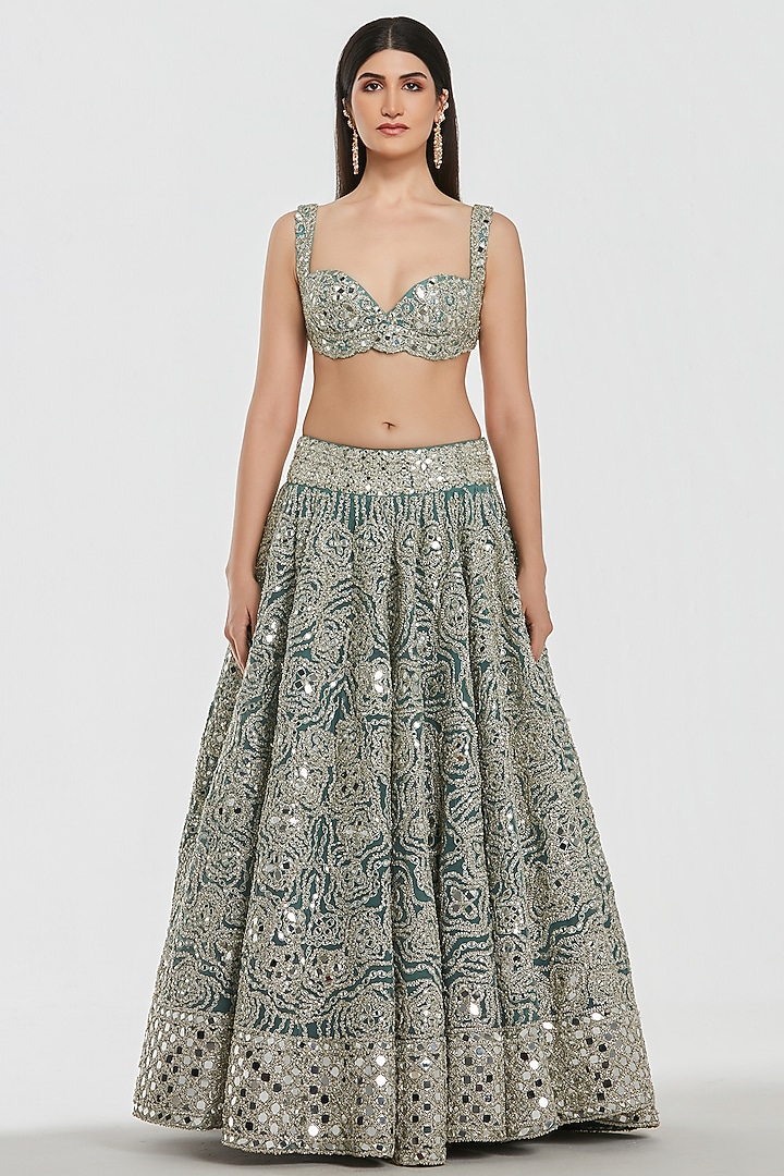 Pool Blue Net Mirror Work Bridal Lehenga Set by Abhinav Mishra at Pernia's Pop Up Shop