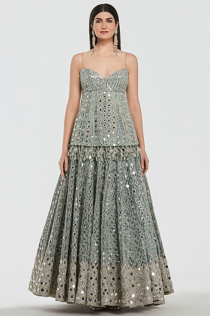 Powder Blue Net Mirror Work Bridal Lehenga Set by Abhinav Mishra at Pernia's Pop Up Shop