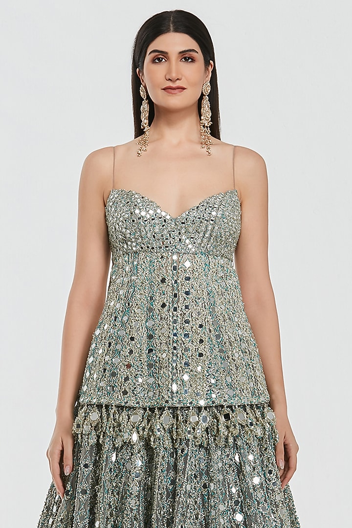 Powder Blue Net Mirror Work Bridal Lehenga Set by Abhinav Mishra at Pernia's Pop Up Shop