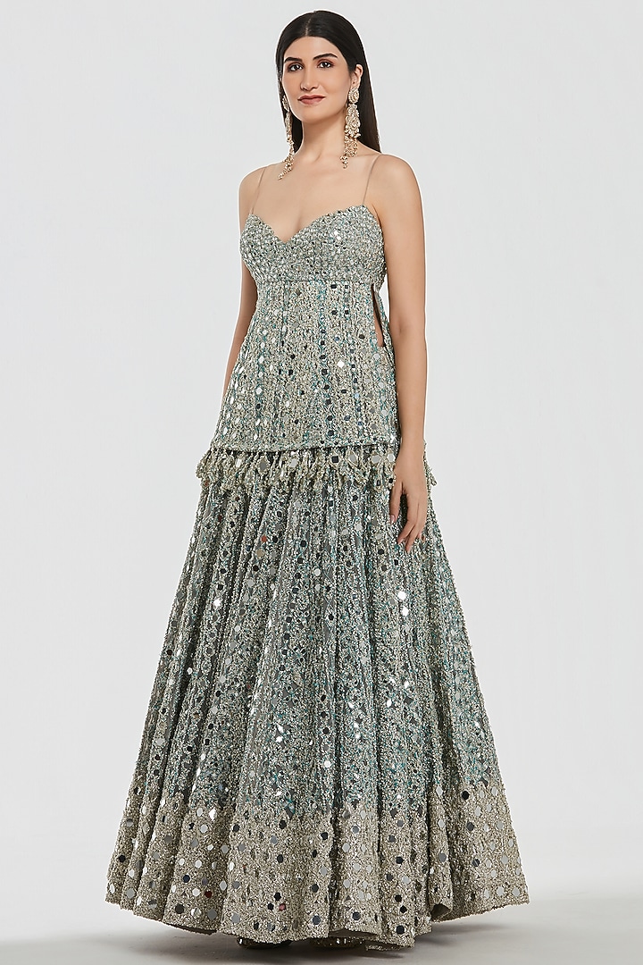 Powder Blue Net Mirror Work Bridal Lehenga Set by Abhinav Mishra at Pernia's Pop Up Shop
