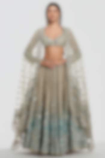 Ivory & Glacier Colored Net Mirror Work Bridal Lehenga Set by Abhinav Mishra at Pernia's Pop Up Shop