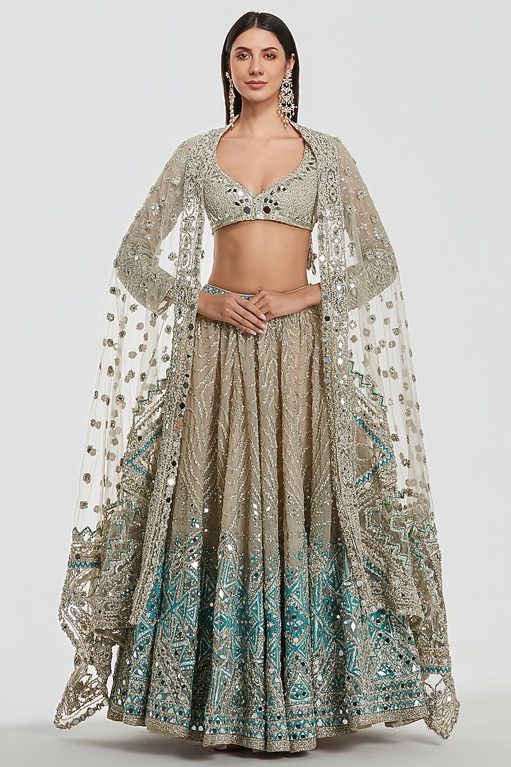 Ivory & Glacier Colored Net Mirror Work Bridal Lehenga Set by Abhinav Mishra at Pernia's Pop Up Shop