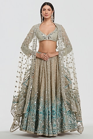 Ivory & Glacier Colored Net Mirror Work Lehenga Set by Abhinav Mishra