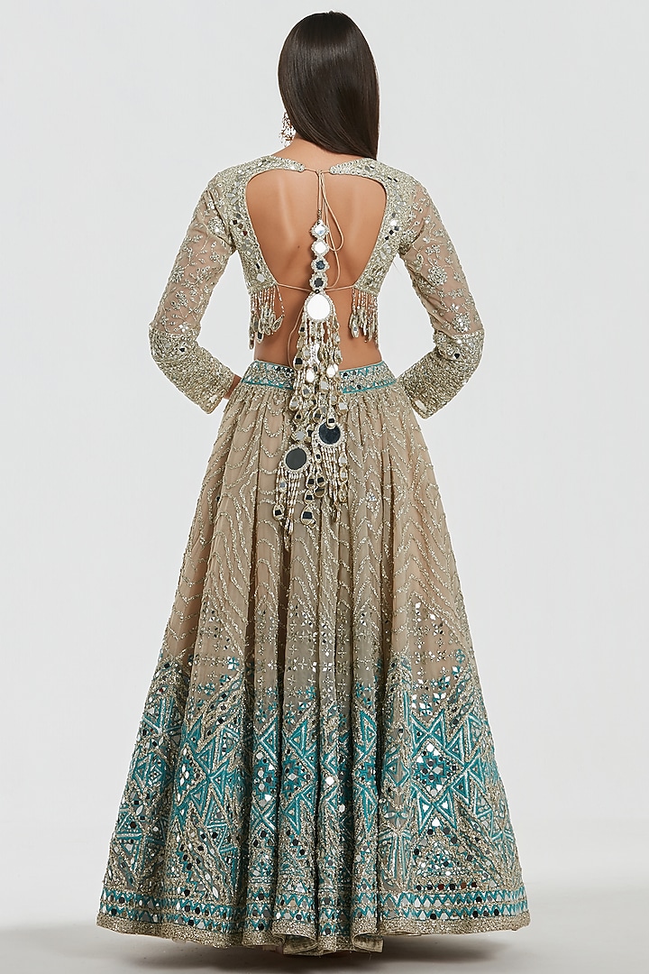 Ivory & Glacier Colored Net Mirror Work Bridal Lehenga Set by Abhinav Mishra at Pernia's Pop Up Shop