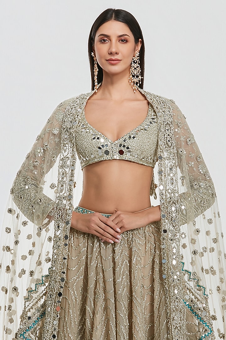 Ivory & Glacier Colored Net Mirror Work Bridal Lehenga Set by Abhinav Mishra at Pernia's Pop Up Shop