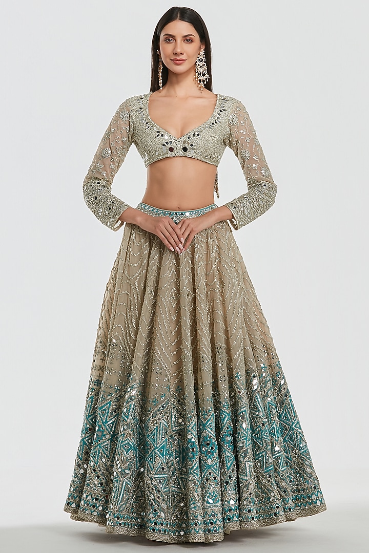 Ivory & Glacier Colored Net Mirror Work Bridal Lehenga Set by Abhinav Mishra at Pernia's Pop Up Shop