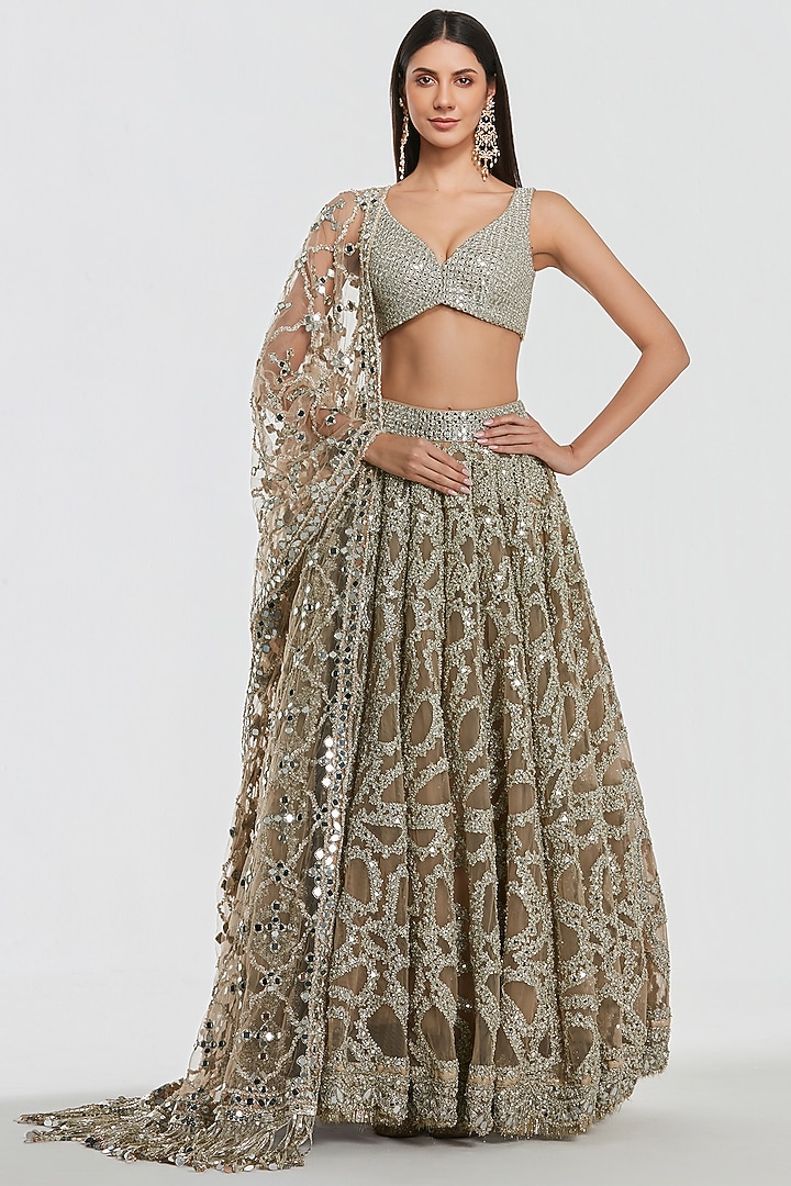 Champagne Gold Net Mirror Work Bridal Lehenga Set by Abhinav Mishra at Pernia's Pop Up Shop