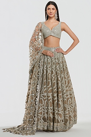 Champagne Gold Net Mirror Work Lehenga Set by Abhinav Mishra