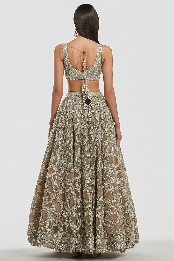 Champagne Gold Net Mirror Work Bridal Lehenga Set by Abhinav Mishra at Pernia's Pop Up Shop
