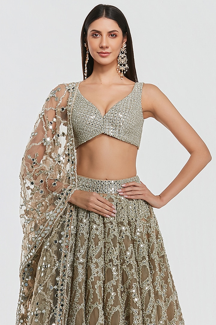 Champagne Gold Net Mirror Work Bridal Lehenga Set by Abhinav Mishra at Pernia's Pop Up Shop
