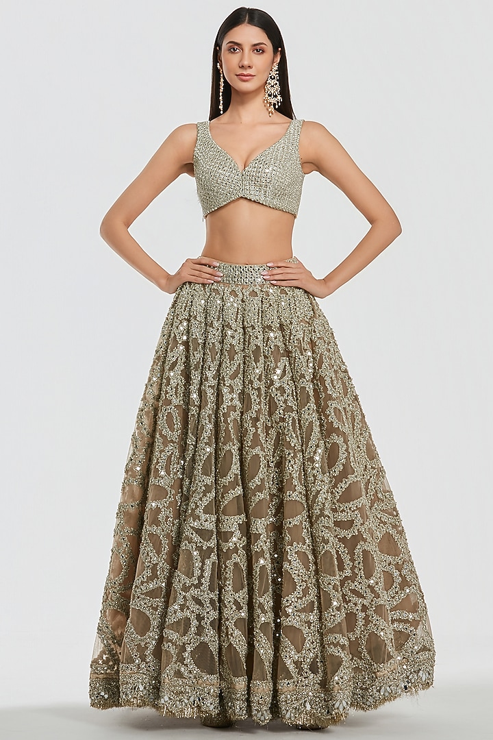 Champagne Gold Net Mirror Work Bridal Lehenga Set by Abhinav Mishra at Pernia's Pop Up Shop